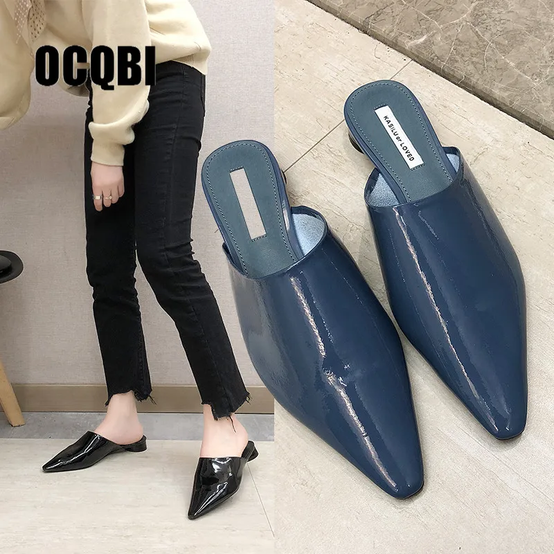 

Women Low Heel Slippers Fashion Brand Mule Shoes Pointed Toe Patent Leather Slides Sandal Ladies PU Leather Zapatos Mujer
