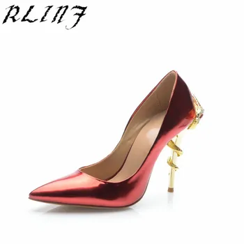 

RLINF Shoes Woman Metal Cobra Patent Leather High Heels Long Plate Shallow Tip Low Shoes
