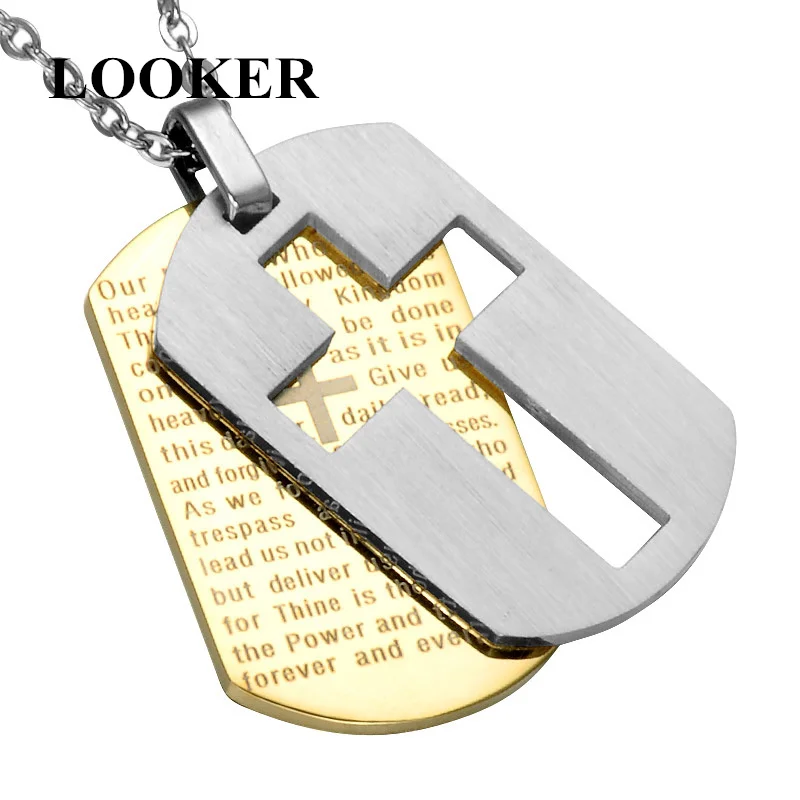 

LOOKER Cross Necklaces Pendants Christian Jewelry Bible Lords Prayer Dog Tags Gold Color Stainless Steel Christmas Gift For Men