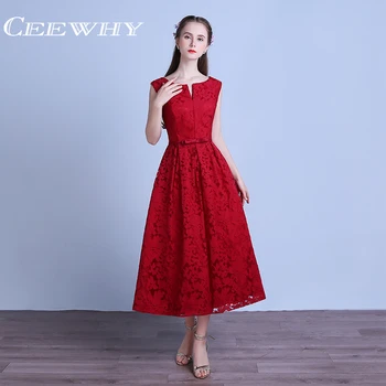 

CEEWHY Burgundy Lace New V-Neck Tea-Length Formal Gown Elegant Evening Dress A-Line Prom Party Dress Robe de Soiree Abendkleider