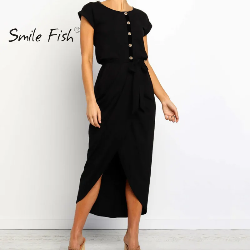 

2019 Summer Casual Women Clothes Split Irregular O-neck Mid Dress Office Buttons Short Sleeve Sashes Sundress Robe Dresses GV569