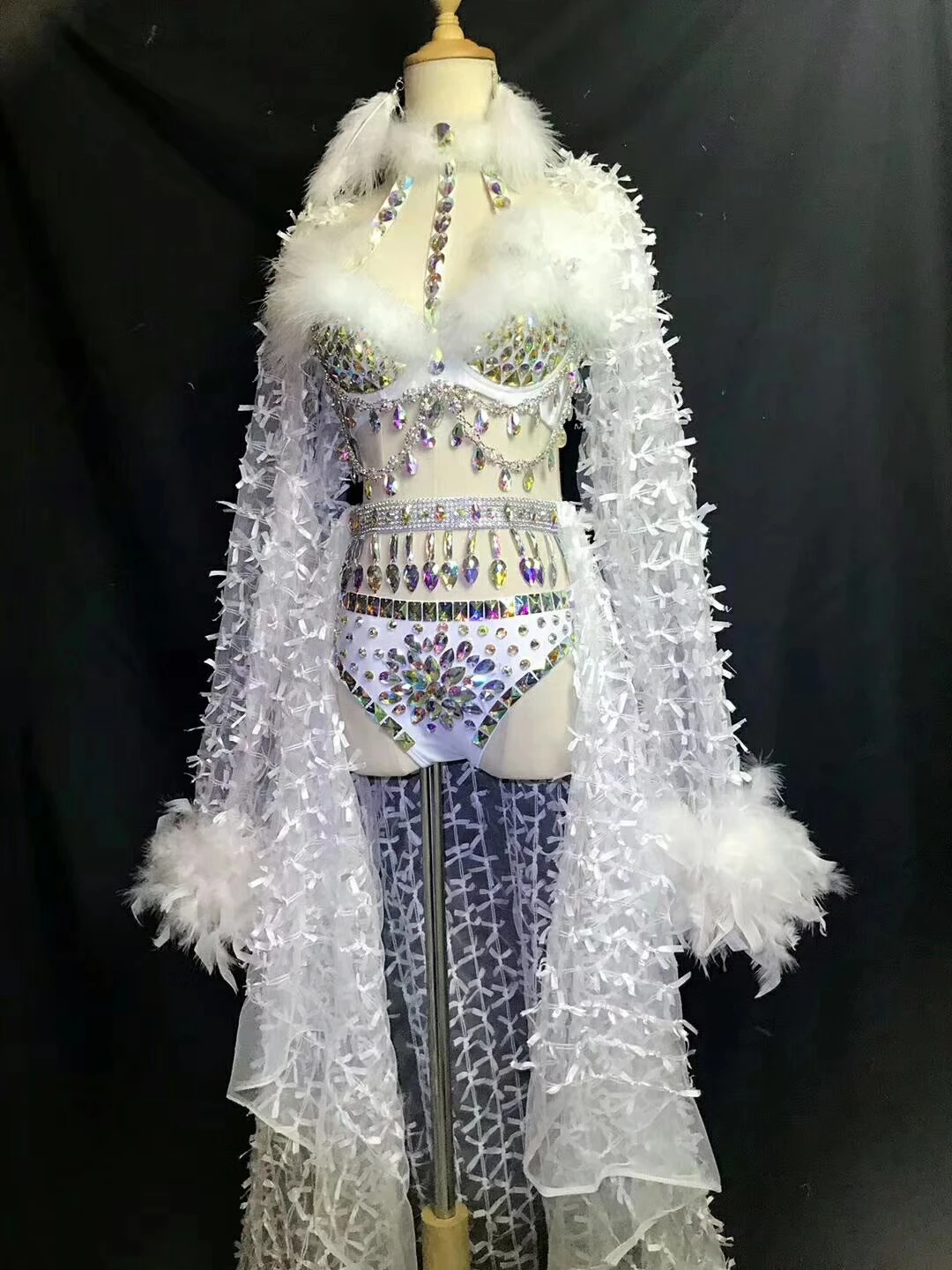 Glisten Rhinestones White Feather Festival Dress Birthday Celebrate