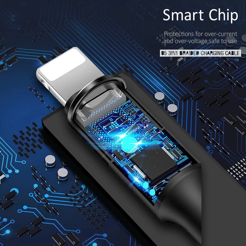 USAMS 2A 3 في 1 كابل يو اس بي ل فون Xs ماكس XR الهاتف المحمول الكابلات نوع C مايكرو كابل شحن سلك Microusb USB C للإضاءة كابل