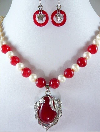 

hot sell noblest red jade-white pearl necklace +18KGP pendant earring set 18"AAA