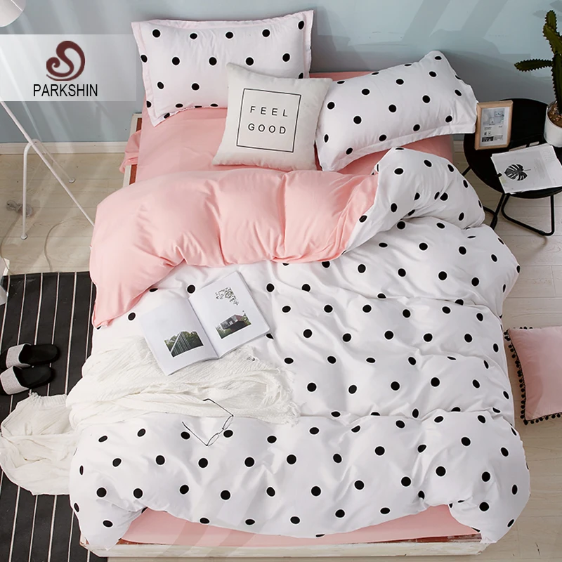 Günstig ParkShin Dot Kunst Weiß Rosa Bett Abdeckung Set Decor Home Bettwäsche Set Textil Schlafzimmer Erwachsene Mädchen Bettbezug Flache Blatt bettwäsche Set