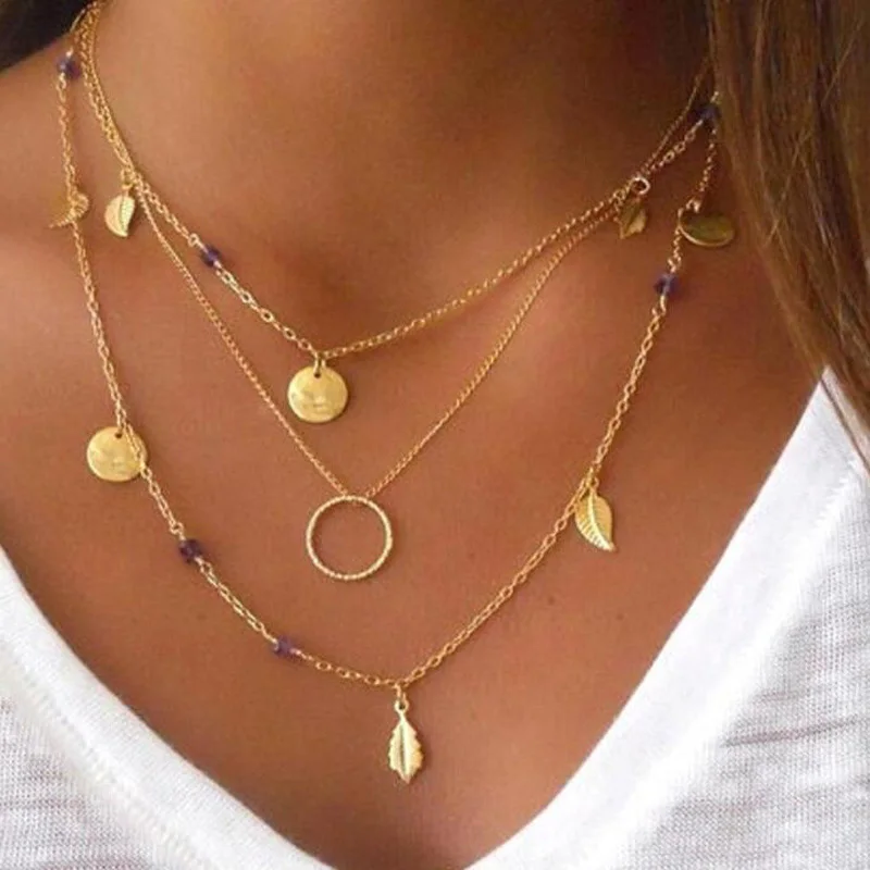 

Hot Gold color Adjustable Choker Leaves Multi Layer Pendant Girls Necklace for women Weddings Gifts