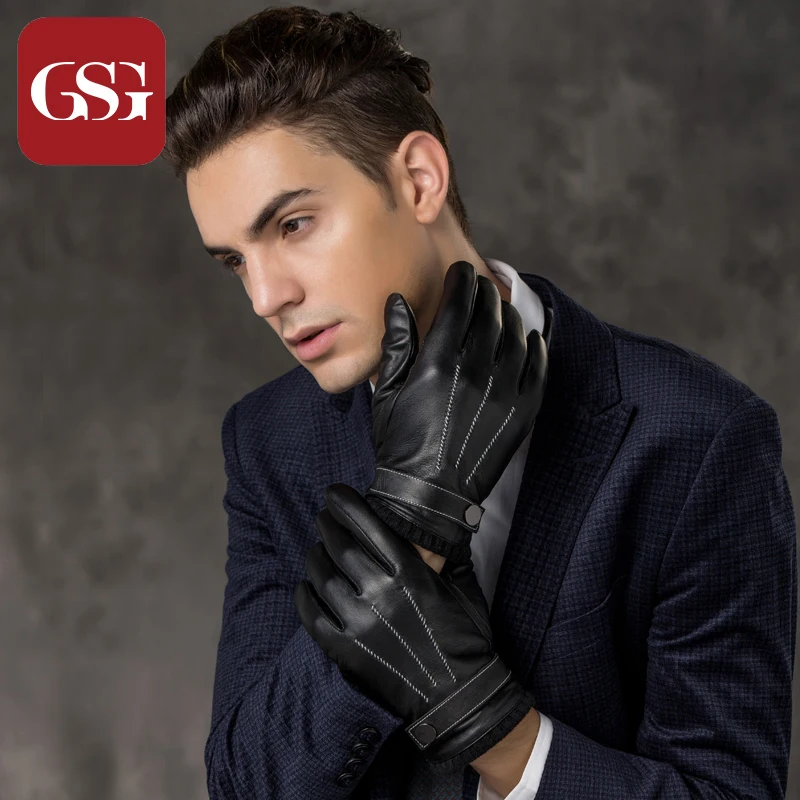 

GSG Men Genuine Leather Gloves Touchscreen Knitted Wool Liner Fleece Male Handmade Fashion Driving Winter Mittens Black Brown