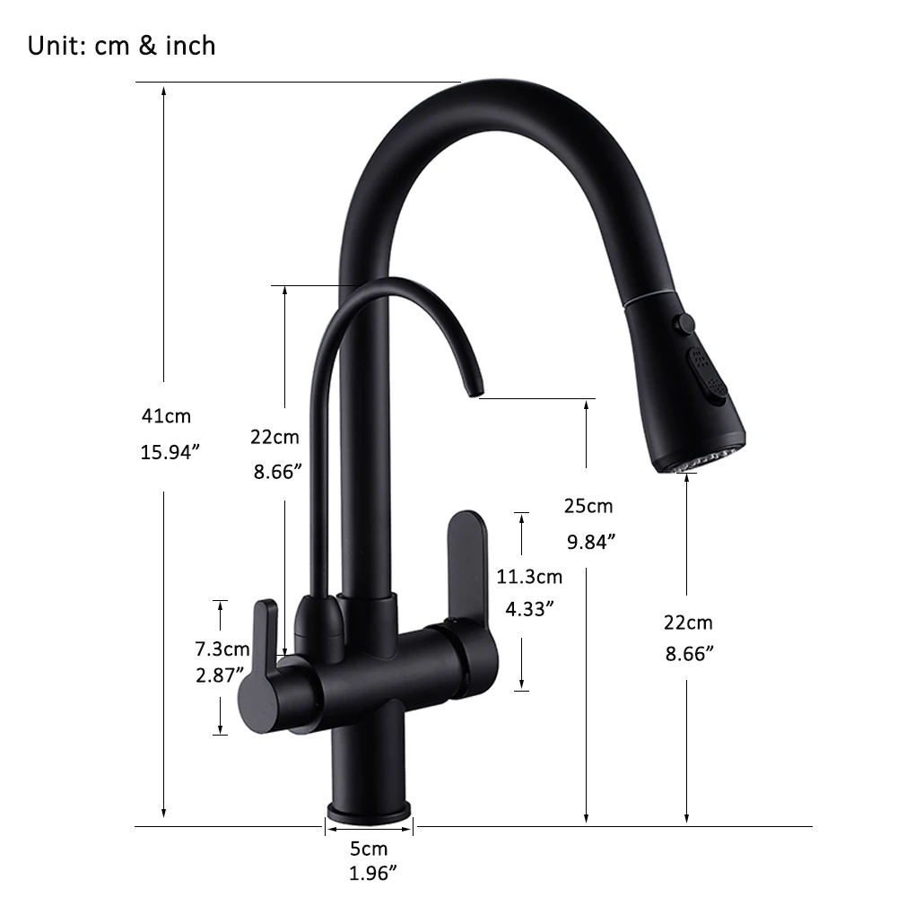Quyanre Matte Black Filtered Crane For Kitchen Pull Out Spray 360 Rotation Water Filter Tap Three Ways Sink Mixer Kitchen Faucet