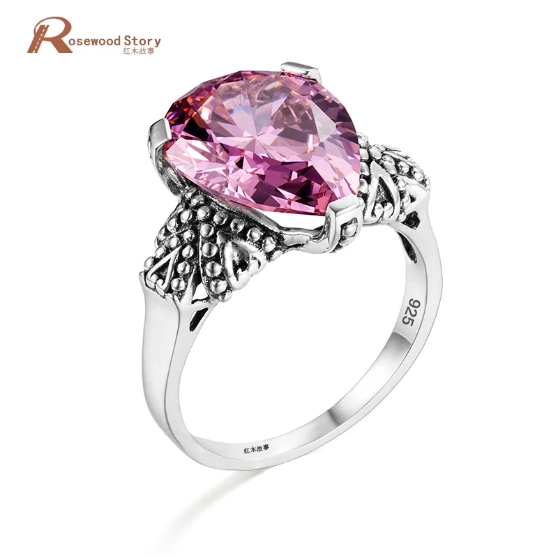 

Palace Wind Brand Design Vintage Ring Water Drop Cut Pink Crystal 925 Sterling Silver Engagement Wedding Band Ring for Women