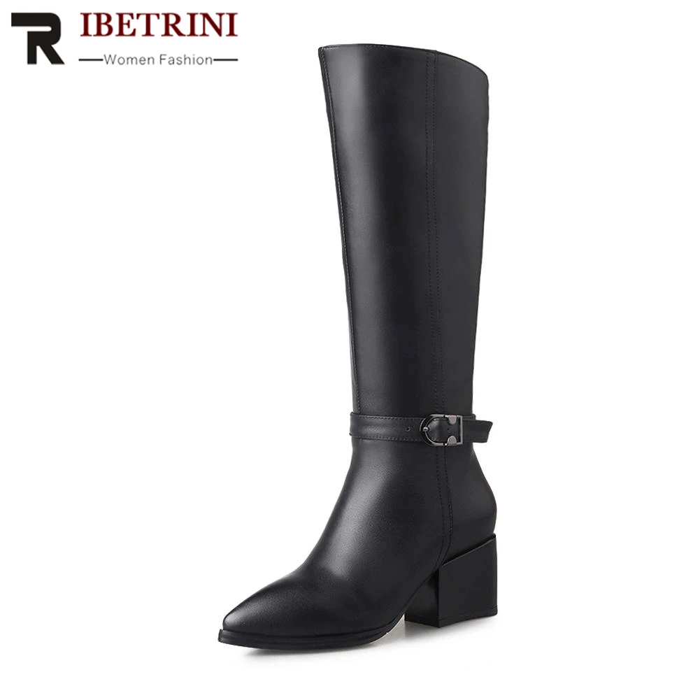 

RIBETRINI Popular Genuine Leather Riding Boots High Square Heels mid-calf Zip Ladies Boots 4 Kinds Lining For Option Large Size