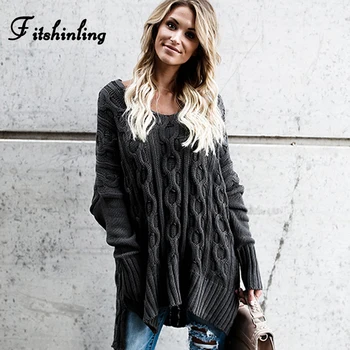 

Fitshinling Twist oversized long sweater knitwear fashion v neck winter women sweaters and pullovers side slit loose jumpers new