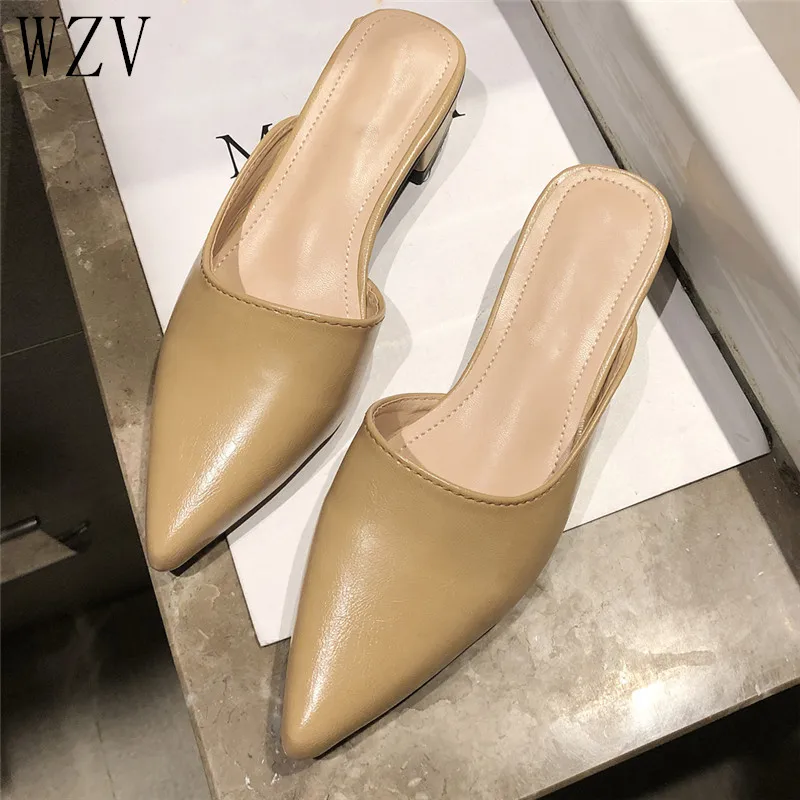 

2019 New Women Slippers Pointed Toe Mules Shoes Woman Summer Square heel Slides Outside Beach Flip Flop Slip On Shoes g206