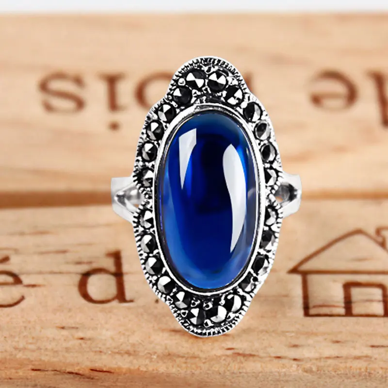 Vintage sapphire jewelry Blue Corundum 925 sterling silver big long cocktail party rings fashion