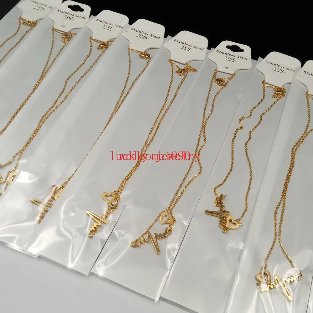 

10pcs Lot in bulk Gold NEW EKG Heart Beat Necklace Heartbeat Rhythm with Dangling Heart Stainless Steel Jewelry for women