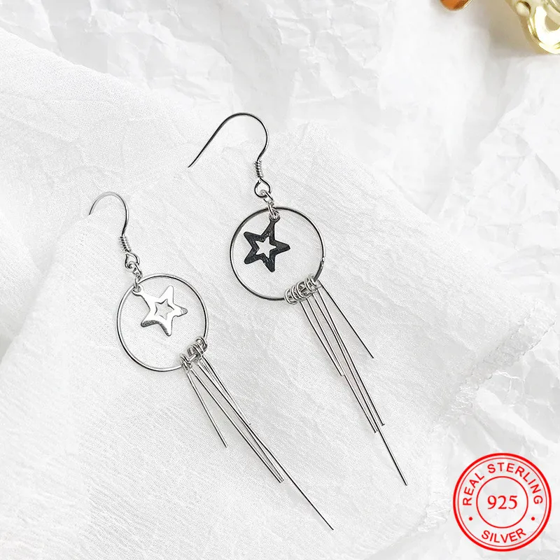 

2018 New Personality Temperament Star Big Circle Long Tassel Earrings Women 925 Sterling Silver Jewelry Pendientes Brincos