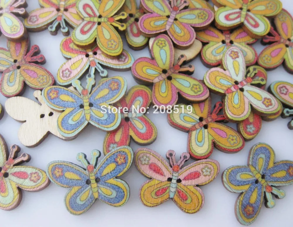 

WBNSEL 17mm*25mm natural wood Butterfly Buttons 100pcs mix colors decorative scrapbook Craft sewing accessories