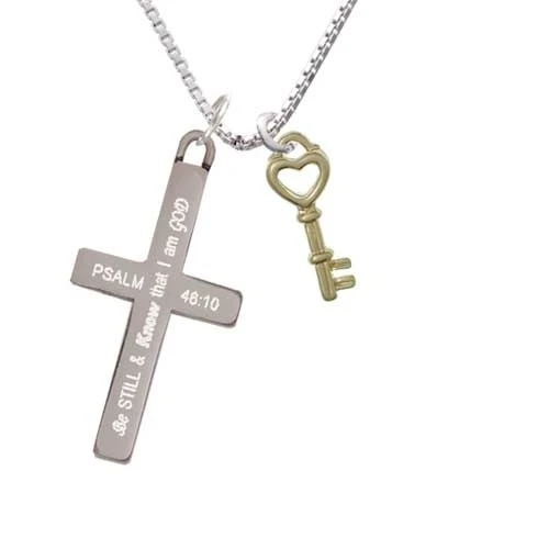 Open Gold Tone Heart Key - Be Still and Know - Cross Necklace (1)