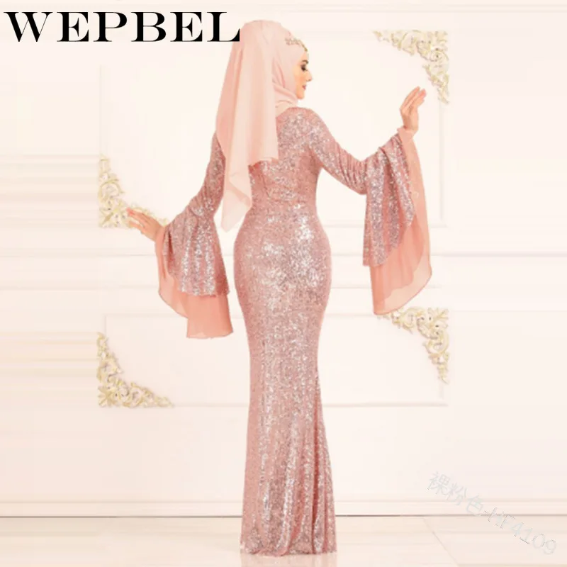 

WEPBEL Muslim Women Sequins Dress Elegant Fish Tail Slim Flare Full Sleeve Summer Fashion Casual New Islamic Abaya Lady Dresses
