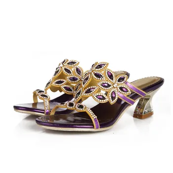 

Thick Heel Horse Shoes Heel Slippers Flower Decoration Rhinestone Hollow Women's Large Size Slippers 6cm High Heel Slippers