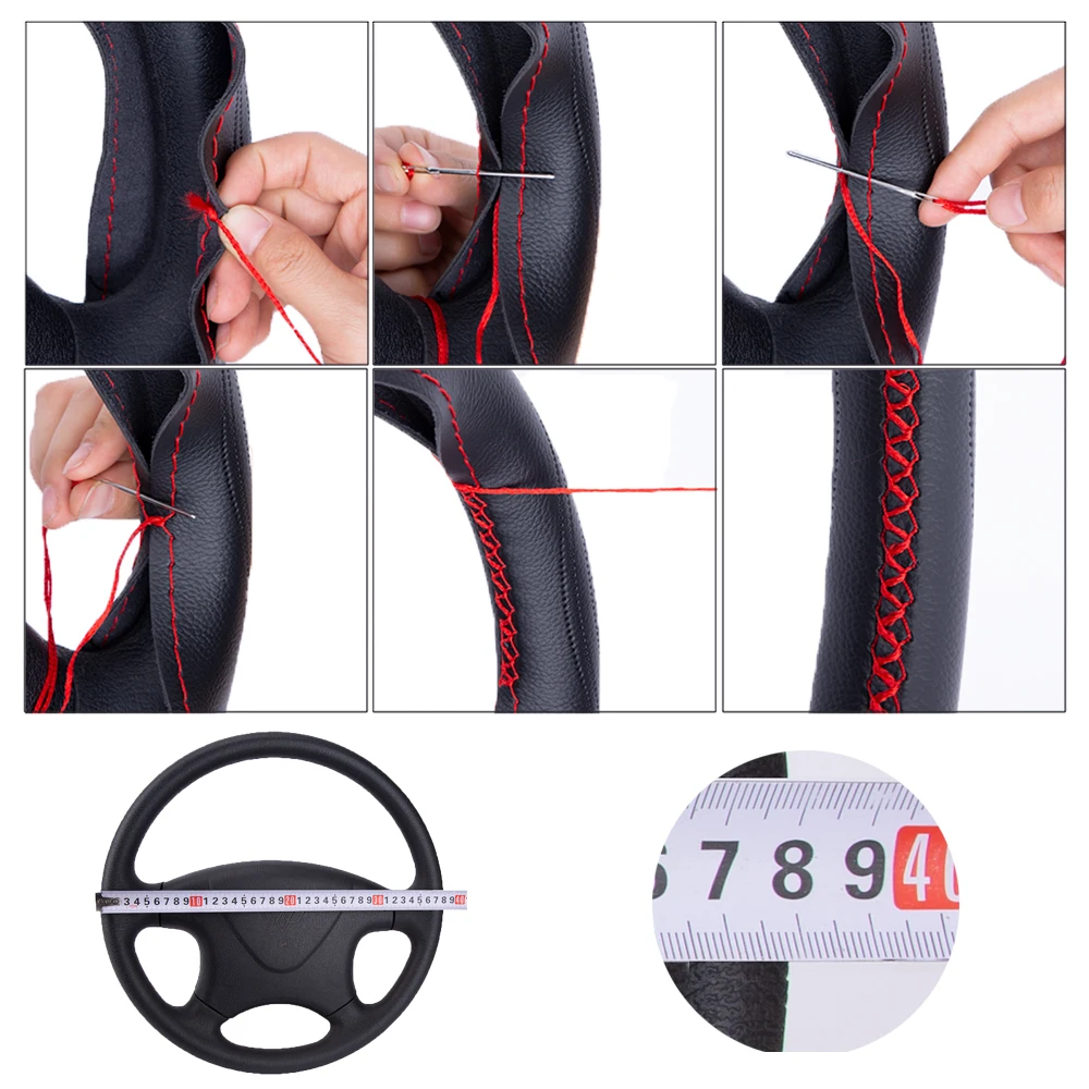 KAWOSEN 15"/38cm Faux Leather Car Steering Wheel Cover Anti-slip Steering-Wheel Braid Stitch On Wrap With Needle & Thread SWCH13 images - 6