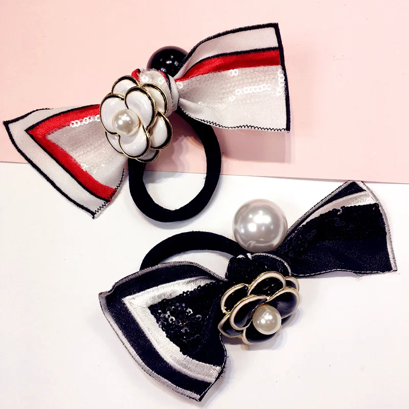 Korea Stripe Bow Camellia earl Large Elastic Hair Bands Rubber Band