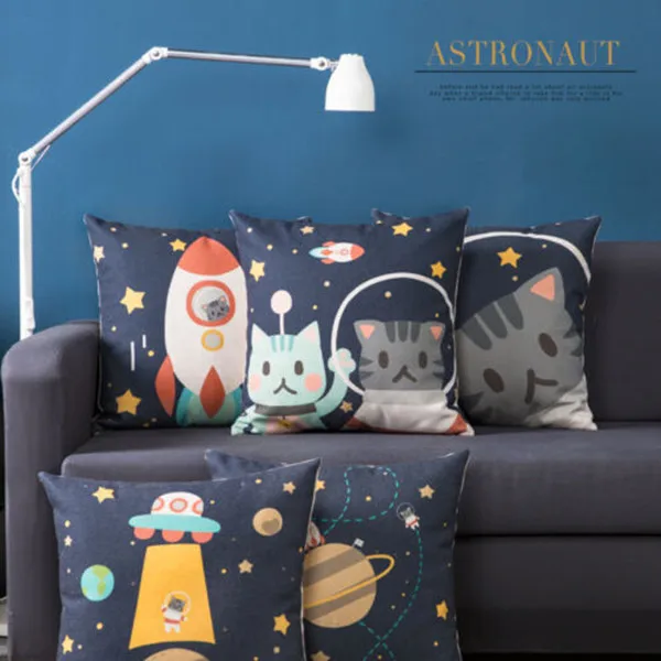 

Cute Universe Astronaut Cat Linen Cushion Cover Rocket Starry Sky Kitten Navy Stars Cats Decorative Cushion Cover Home Kids Gift
