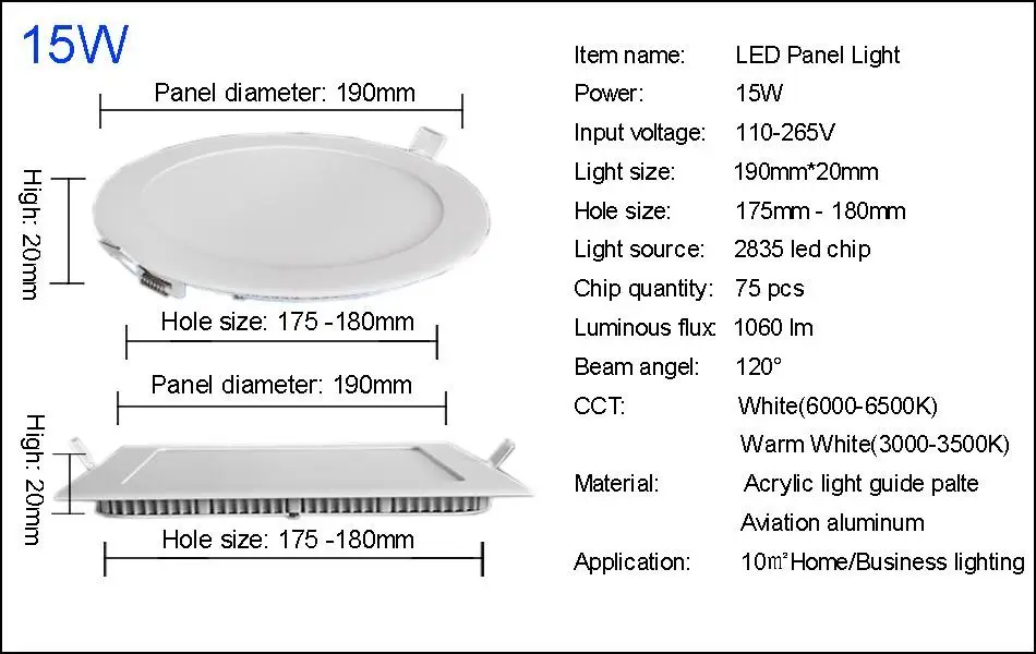 10 шт. 15 Вт LED Панель свет AC85 ~ 265 В Светильники круглый квадратный ультра тонкий Светодиодные осветительные панели SMD2835 для дома освещение