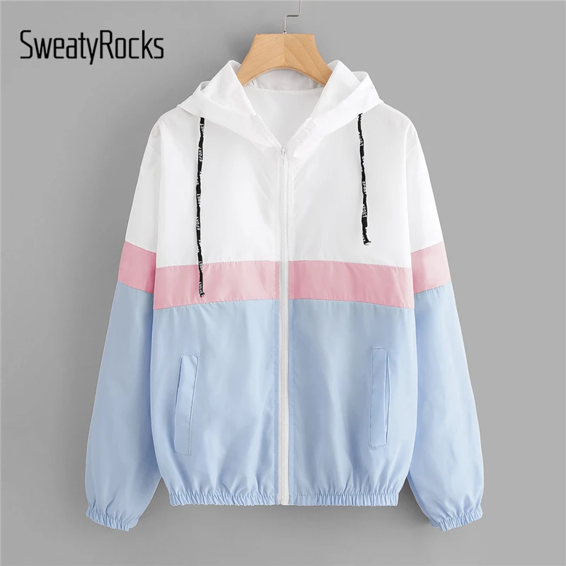 

SweatyRocks Autumn Women Long Sleeve Patchwork Windbreaker Jackets Hooded Zipper Pockets Coat 2018 New Drawstring Casual Outwear