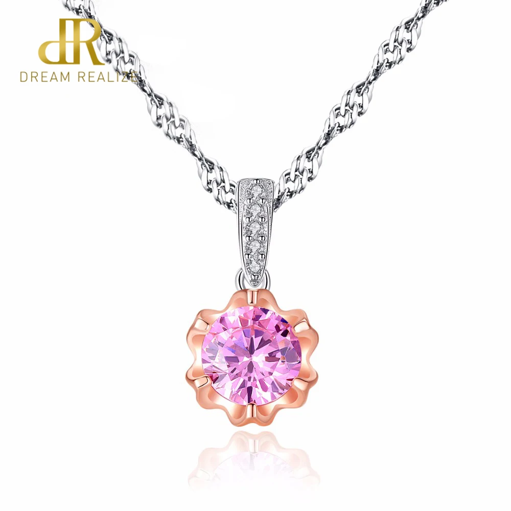 

DR Brand Luxury Rose Gold Flower Small Pendant with Pink Zircon Stone Necklace for Women Fine Wedding Jewelry Bijouterie