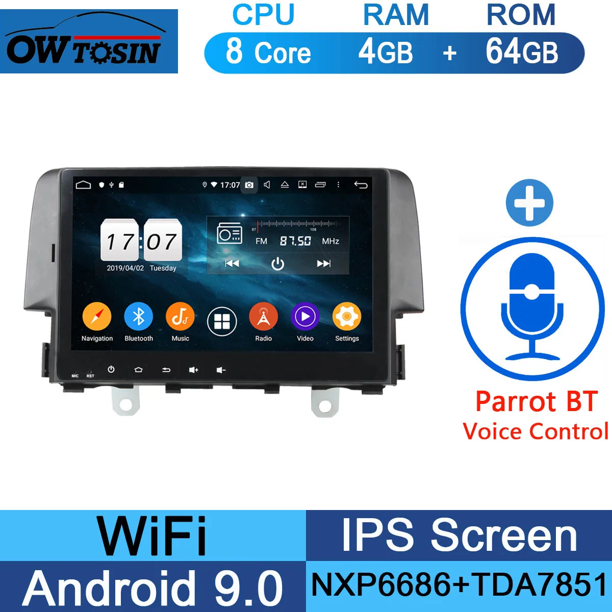 " ips 8 Core 4G+ 64G Android 9,0 автомобильный DVD мультимедийный плеер для Honda Civic GPS Радио Стерео CarPlay Parrot BT - Цвет: 64G Parrot BT