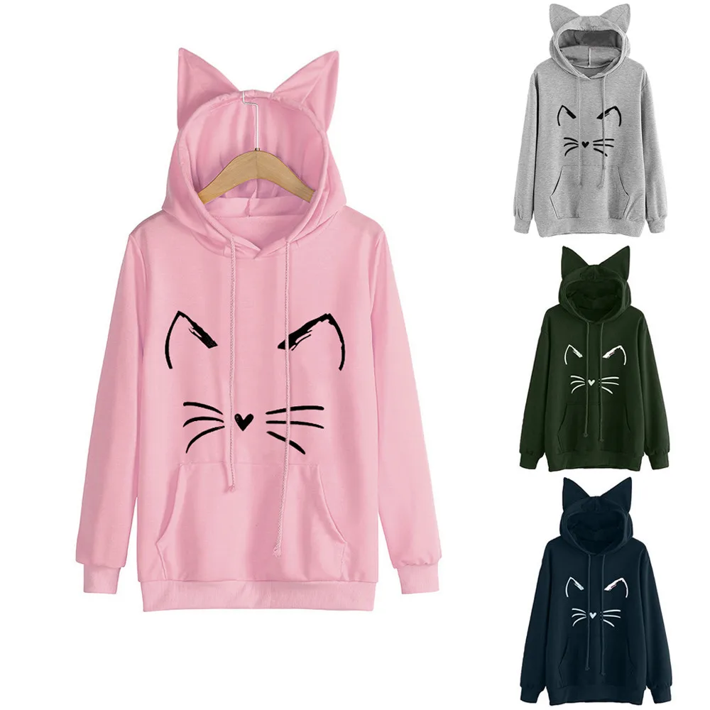 2018 Autumn Winter Womens Hoodie Sweatshirt Cat Ear Solid