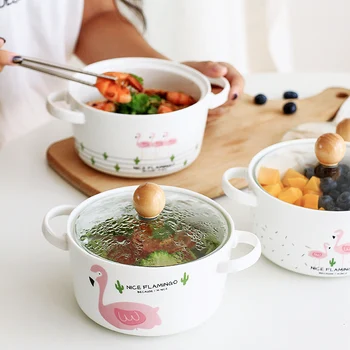 

Foam noodle bowl large ears cute flamingos eat rice bowl ceramic soup bowl with lid for household use student dormitory