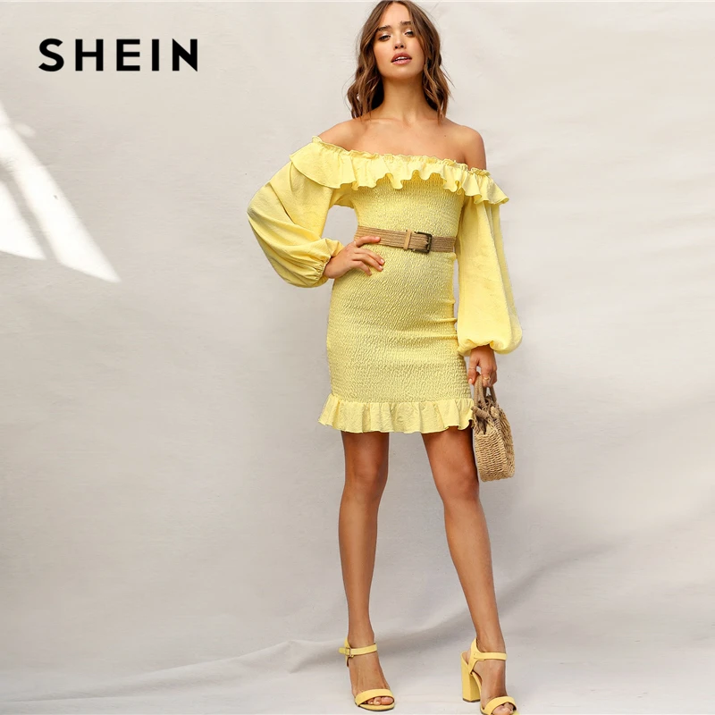 SHEIN Стильное Платье С Открытыми Плечами И Оригинальным Рукавом Женское Летнее Желтое Богемное Платье С Длинными Рукавами