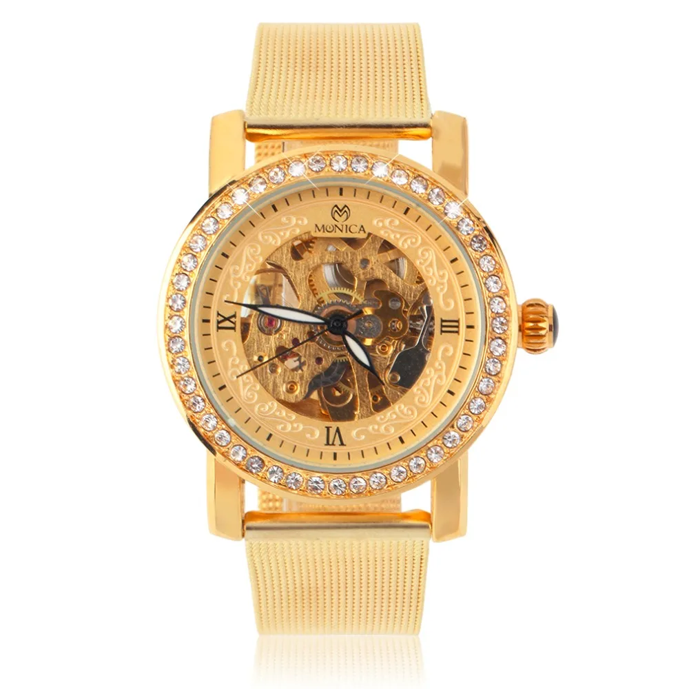

Golden Round Case Diamond Mechanical Analog Watch Metal Mesh Band Hollow Dial relogio