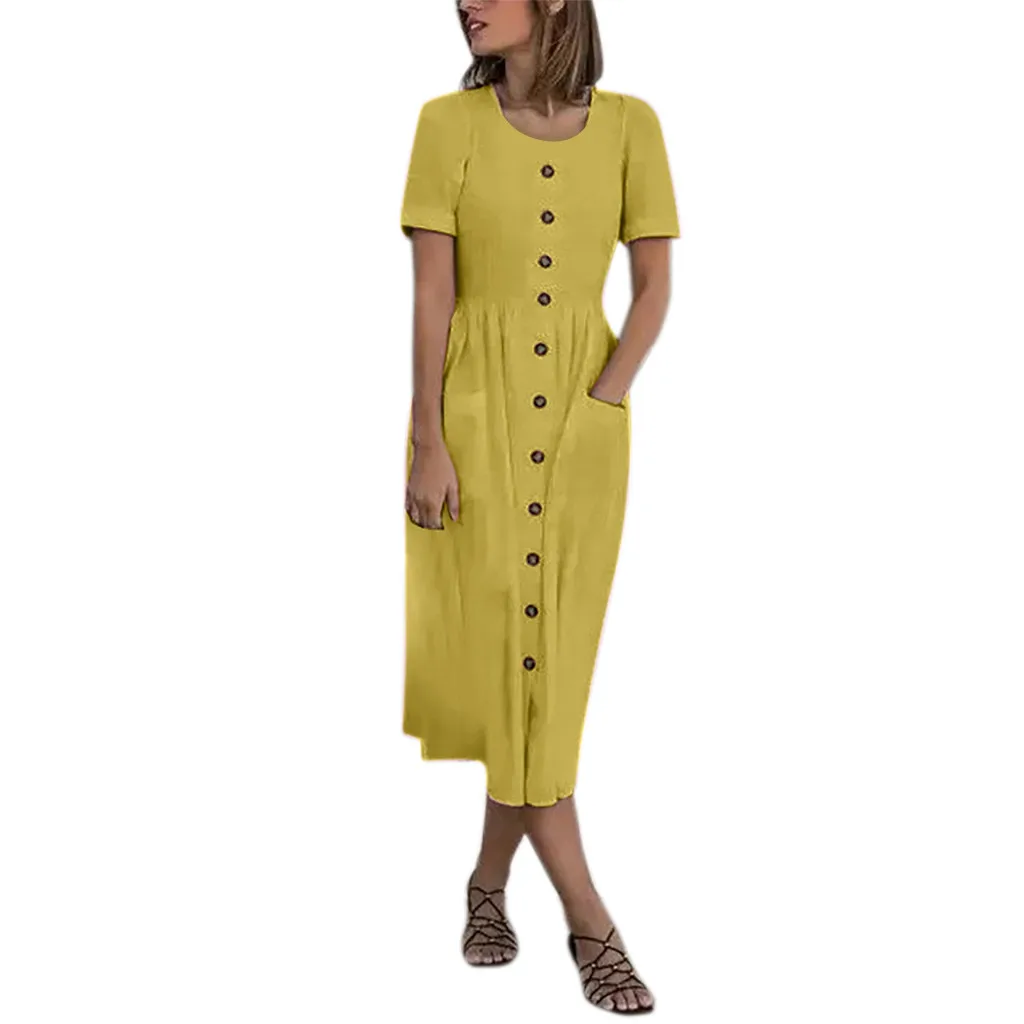 

SAGACE Women's Dress 2019 New Summer Fashion Women Dresses O-neck Short Sleeve One-piece Dress Solid Color Button Pocket Dress