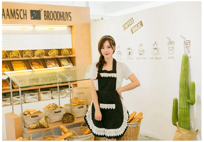 Adjustable Lovely Lace Work Apron Home Shop Kitchen Cooking Women Ladies Aprons with Pocket for Gift Delantal Tablier