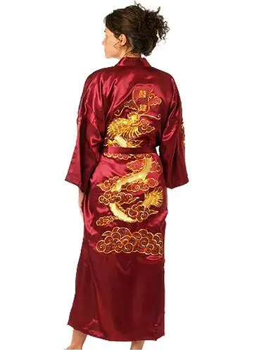 

Burgundy Silk Embroidery Dragon Kimono Bathrobe Gown Women Sexy Satin Robe Long Nightgown Size S M L XL XXL XXXL BR040