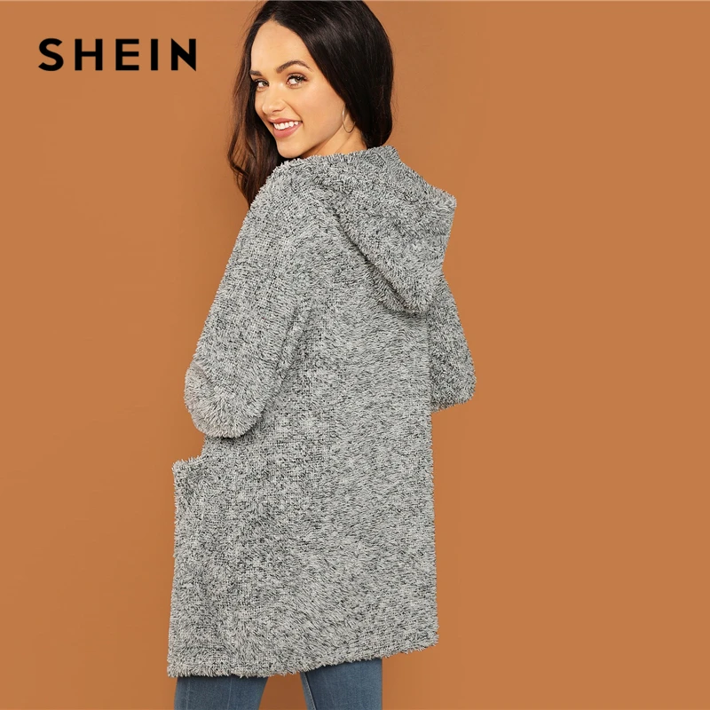 Goedkoop SHEIN Grey Casual Solid Hooded Pocket Patched Marled Teddy Jas Herfst Campus Uitgaan Vrouwen Jas En Bovenkleding