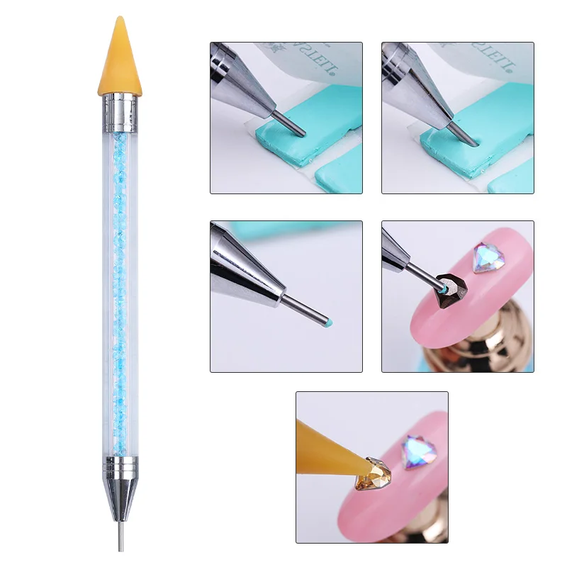 

1 Pc Dual-ended Dotting Pen Blue Red Crystal Handle Rhinestone Studs Picker Wax Pencil Colorful Salon Decoration Manicure Tools