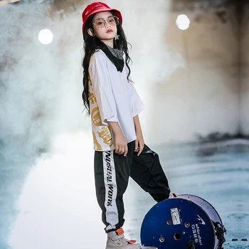 

Hip Hop Dance Costume Girls Short Sleeve Suit Black Dance Pants Street Dance Clothing Children Stage Costume Dance Wear VDB361