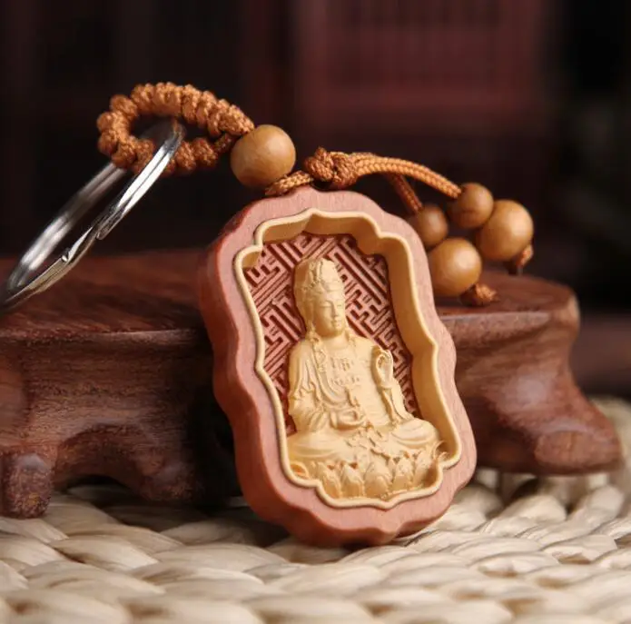 

Chinese Peach Wood Carved Guan Yin Kwan-yin Bodhisattva Safe And Good Luck Card Exquisite Small Statue Key Pendant Gift