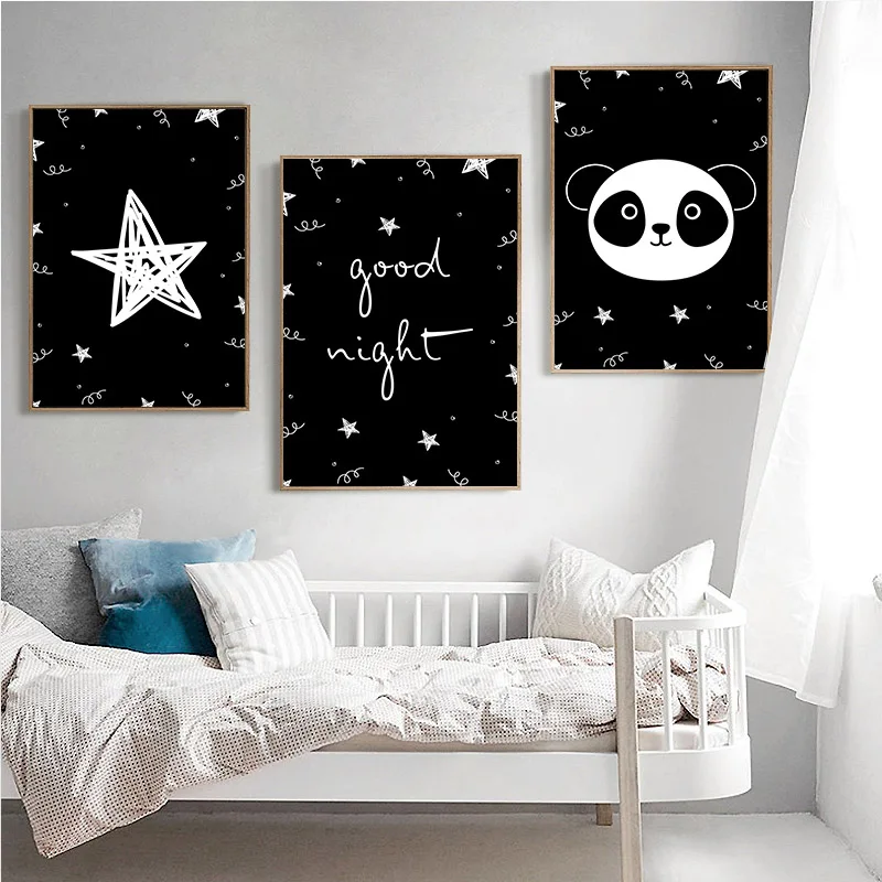 Cartoon Panda Canvas Print Black and White Wall Art Poster Nursery Painting Nordic Kid Decoration Picture Baby Bedroom Decor