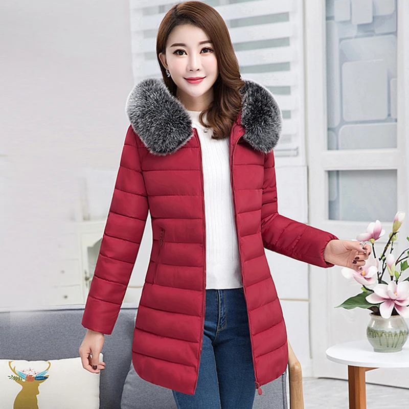 gris Fourrure Fausse Grande Coton army 6xl En Capuche À Casaco marine Veste rouge Bleu Long Neige Manteau Hiver 2017 Green Qh0601 Parka Femme bourgogne Taille Nouveau pourpre Col Noir 1rqaw71P