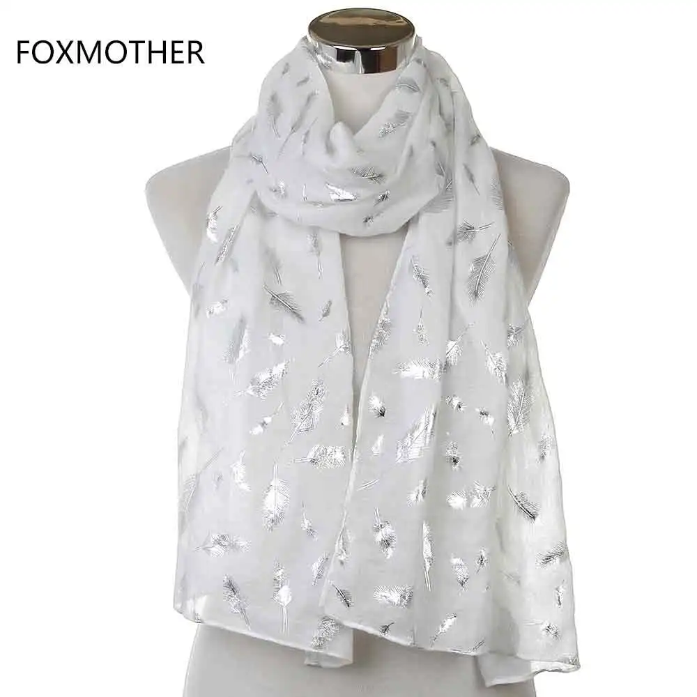 White Long FOXMOTHER модные женские белые темно-синие желтые бронзовые фольга Серебряное перо кольцо шарфы шейный шарф блестящий платок - Цвет: White Long