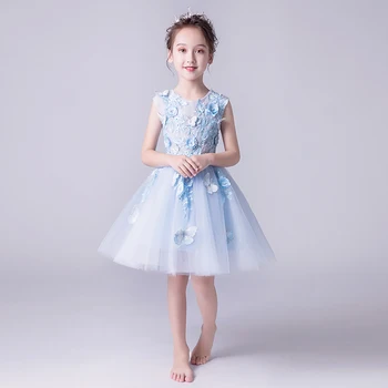 

New Blue Tulle Prom Flower Girl Dress for Wedding Beaded Party Children Birthday Dress Floral Baby Baptism First Communion Gown