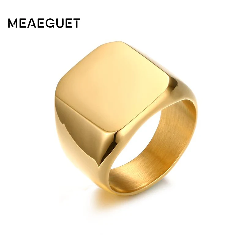 Meaeguet Solid Gold Color Punk Cool Men's Ring High Polished 18MM Wide Unique Stainless Steel Biker Square Party Ring