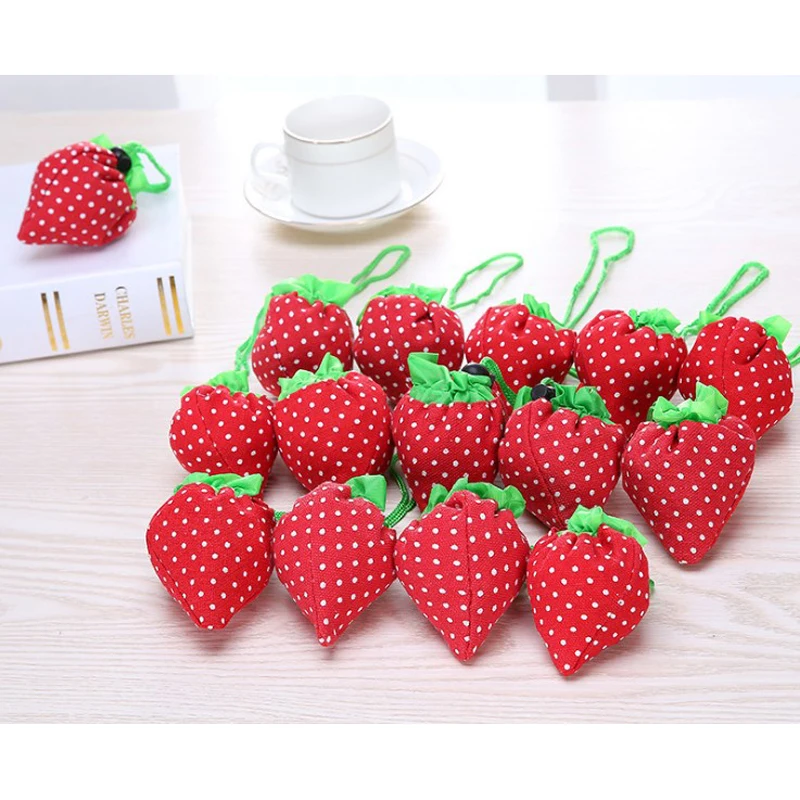 

GoWinlin Women's Tote bag Reusable Eco Shopping Bag Foldable Polyester Handbags for Household Supermarket Fabric Strawberry