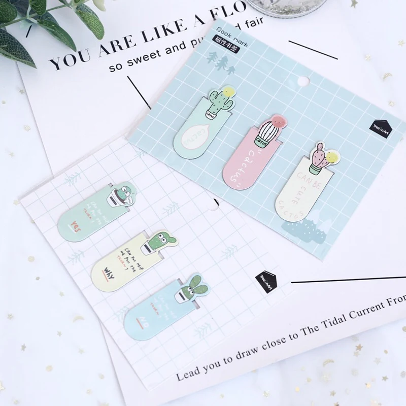

3pcs /Pack Cactus & Cat Kitten Magnetic Bookmarks Book Marker of Page Student Stationery School Office Supply