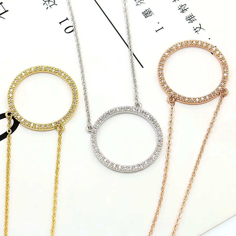 Cubic Zirconia CZ Circle Pendant Necklace and Earring Circular Zircon Jewelry Set for Women in Rhodium / Rose Gold Color - Image 3