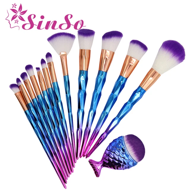 Special Offers Sinso 12Pcs High Quality Diamond Mermaid Makeup Brush Set With 1Pcs Big Fish Tail Foundation Powder Brushs Make Up Brush Tool